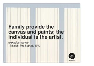 Family provide the
canvas and paints; the
individual is the artist.
teekayfourtwotwo
17:52:05, Tue Sep 25, 2012
 