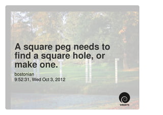A square peg needs to
find a square hole, or
make one.
bostonian
9:52:31, Wed Oct 3, 2012
 