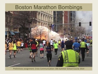 Boston Marathon Bombings
Preliminary assignment. Crisis Communication: CBS Summer School Course 2014
 
