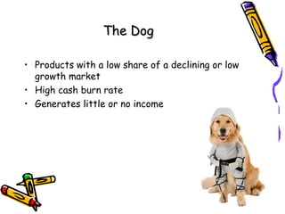The Dog
• Products with a low share of a declining or low
growth market
• High cash burn rate
• Generates little or no income

 