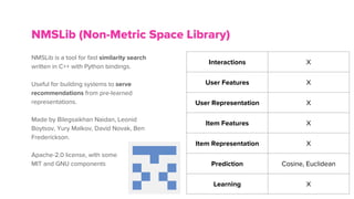 NMSLib is a tool for fast similarity search
written in C++ with Python bindings.
Useful for building systems to serve
recommendations from pre-learned
representations.
Made by Bilegsaikhan Naidan, Leonid
Boytsov, Yury Malkov, David Novak, Ben
Frederickson.
Apache-2.0 license, with some
MIT and GNU components
NMSLib (Non-Metric Space Library)
Interactions X
User Features X
User Representation X
Item Features X
Item Representation X
Prediction Cosine, Euclidean
Learning X
 
