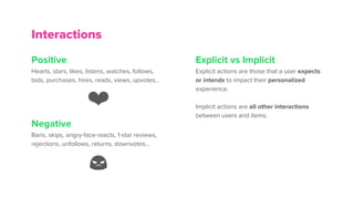 Positive
Hearts, stars, likes, listens, watches, follows,
bids, purchases, hires, reads, views, upvotes…
❤
Negative
Bans, skips, angry-face-reacts, 1-star reviews,
rejections, unfollows, returns, downvotes…
Interactions
Explicit vs Implicit
Explicit actions are those that a user expects
or intends to impact their personalized
experience.
Implicit actions are all other interactions
between users and items.
 