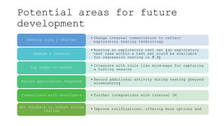 Potential areas for future
development
• Change internal nomenclature to reflect
exploratory testing terminologyDevelop aims / charter
• Running an exploratory test set (an exploratory
test case within a test set could be available
for regression testing in 5.3)
Manage a session
• Integrate with tools like mind-maps for capturing
a testing sessionLog steps of tester
• Record additional activity during testing (beyond
screenshots)Record application response
• Further integrations with internal IMCommunicate with developers
• Improve notifications, offering more options andGet feedback to inform future
testing
 