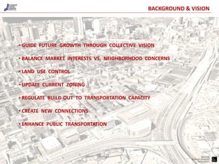 BACKGROUND & VISION




• GUIDE FUTURE GROWTH THROUGH COLLECTIVE VISION

• BALANCE MARKET INTERESTS VS. NEIGHBORHOOD CONCERNS

• LAND USE CONTROL

• UPDATE CURRENT ZONING

• REGULATE BUILD-OUT TO TRANSPORTATION CAPACITY

• CREATE NEW CONNECTIONS

• ENHANCE PUBLIC TRANSPORTATION




                                                                  BOSTON
                                                           REDEVELOPMENT
                                                                AUTHORITY
 