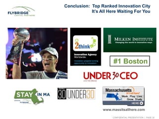 CONFIDENTIAL PRESENTATION | PAGE 32
Conclusion: Top Ranked Innovation City
It’s All Here Waiting For You
#1 Boston
www.mas...