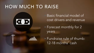 HOW MUCH TO RAISE
• Basic financial model of
cost drivers and revenue
• Forecast monthly for 2
years
• Fundraise rule of t...