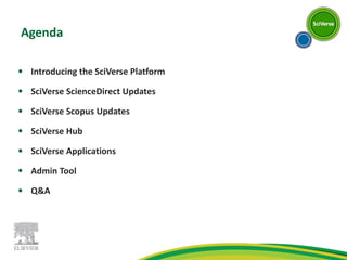 Agenda Introducing the SciVerse Platform SciVerse ScienceDirect Updates SciVerse Scopus Updates SciVerse Hub SciVerse Applications Admin Tool Q&A 