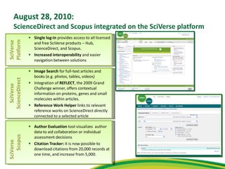 August 28, 2010:  ScienceDirect and Scopus integrated on the SciVerse platform Single log-in  provides access to all licensed and free SciVerse products – Hub, ScienceDirect, and Scopus. Increased interoperability  and easier navigation   between solutions Image Search  for full-text articles and books (e.g. photos, tables, videos)  Integration of  REFLECT , the 2009 Grand Challenge winner, offers contextual information on proteins, genes and small molecules within articles. Reference Work Helper  links to relevant reference works on ScienceDirect directly connected to a selected article  Author Evaluation  tool visualizes  author data to aid collaboration or individual assessment decisions Citation Tracker:  it is now possible to download citations from 20,000 records at one time, and increase from 5,000.  SciVerse  Scopus SciVerse ScienceDirect SciVerse Platform 