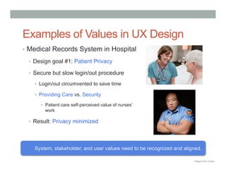 Examples of Values in UX Design
•  Medical Records System in Hospital

  •  Design goal #1: Patient Privacy

  •  Secure but slow login/out procedure

    •  Login/out circumvented to save time

    •  Providing Care vs. Security

       •  Patient care self-perceived value of nurses’
          work

  •  Result: Privacy minimized




    System, stakeholder, and user values need to be recognized and aligned.

                                                                       Images from Corbis
 