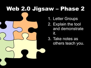 Web 2.0 Jigsaw – Phase 2 Letter Groups Explain the tool and demonstrate it. Take notes as others teach you. 