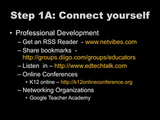 Step 1A: Connect yourself Professional Development Get an RSS Reader  -  www.netvibes.com Share bookmarks  -  http://groups.diigo.com/groups/educators   Listen  in –  http://www.edtechtalk.com   Online Conferences K12 online –  http://k12onlineconference.org   Networking Organizations Google Teacher Academy 