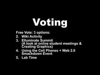 Voting Free Vote: 3 options: Wiki Activity Elluminate Summit  (A look at online student meetings & Creating Graphics) Using the Cell Phones + Web 2.0 Smackdown Event Lab Time 