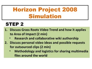 Horizon Project 2008 Simulation Discuss Grass Roots Video Trend and how it applies to Area of Impact (2 min) Research and collaborative wiki authorship Discuss personal video ideas and possible requests for outsourced clips (2 min) Methodology and logistics for sharing multimedia files around the world STEP 2 