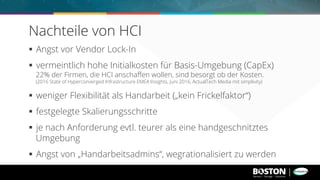 §  Angst vor Vendor Lock-In
§  vermeintlich hohe Initialkosten für Basis-Umgebung (CapEx)
22% der Firmen, die HCI anschaﬀen wollen, sind besorgt ob der Kosten.
(2016 State of Hyperconverged Infrastructure EMEA Insights, Juni 2016, ActualTech Media mit simplivity)
§  weniger Flexibilität als Handarbeit („kein Frickelfaktor“)
§  festgelegte Skalierungsschritte
§  je nach Anforderung evtl. teurer als eine handgeschnitztes
Umgebung
§  Angst von „Handarbeitsadmins“, wegrationalisiert zu werden
Nachteile von HCI
 