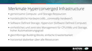§  gemeinsame Compute- und Storage-Ressourcen
§  handelsübliche Hardware (x86, „commodity hardware“)
§  Software Deﬁned Storage, Hypervisor (Software Deﬁned Compute)
§  einheitliches und zentrales Management für CPU/VMs und Storage,
hoher Automatisierungsgrad
§  gleichförmige Building Blocks, einfache Erweiterbarkeit
§  horizontal skalierbar über alle Ressourcen
Merkmale Hyperconverged Infrastructure
 