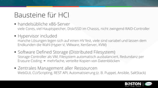 §  handelsübliche x86-Server
viele Cores, viel Hauptspeicher, Disk/SSD im Chassis, nicht zwingend RAID-Controller
§  Hypervisor included
manche Lösungen legen sich auf einen HV fest, viele sind variabel und lassen dem
Endkunden die Wahl (Hyper-V, VMware, XenServer, KVM)
§  Software Deﬁned Storage (Distributed Filesystem)
Storage Controller als VM, Filesystem automatisch ausbalanciert, Redundanz per
Erasure Coding ➛ mehrfache, verteilte Kopien von Datenblöcken
§  Zentrales Management aller Ressourcen
WebGUI, CLI/Scripting, REST API, Automatisierung (z. B. Puppet, Ansible, SaltStack)
Bausteine für HCI
 