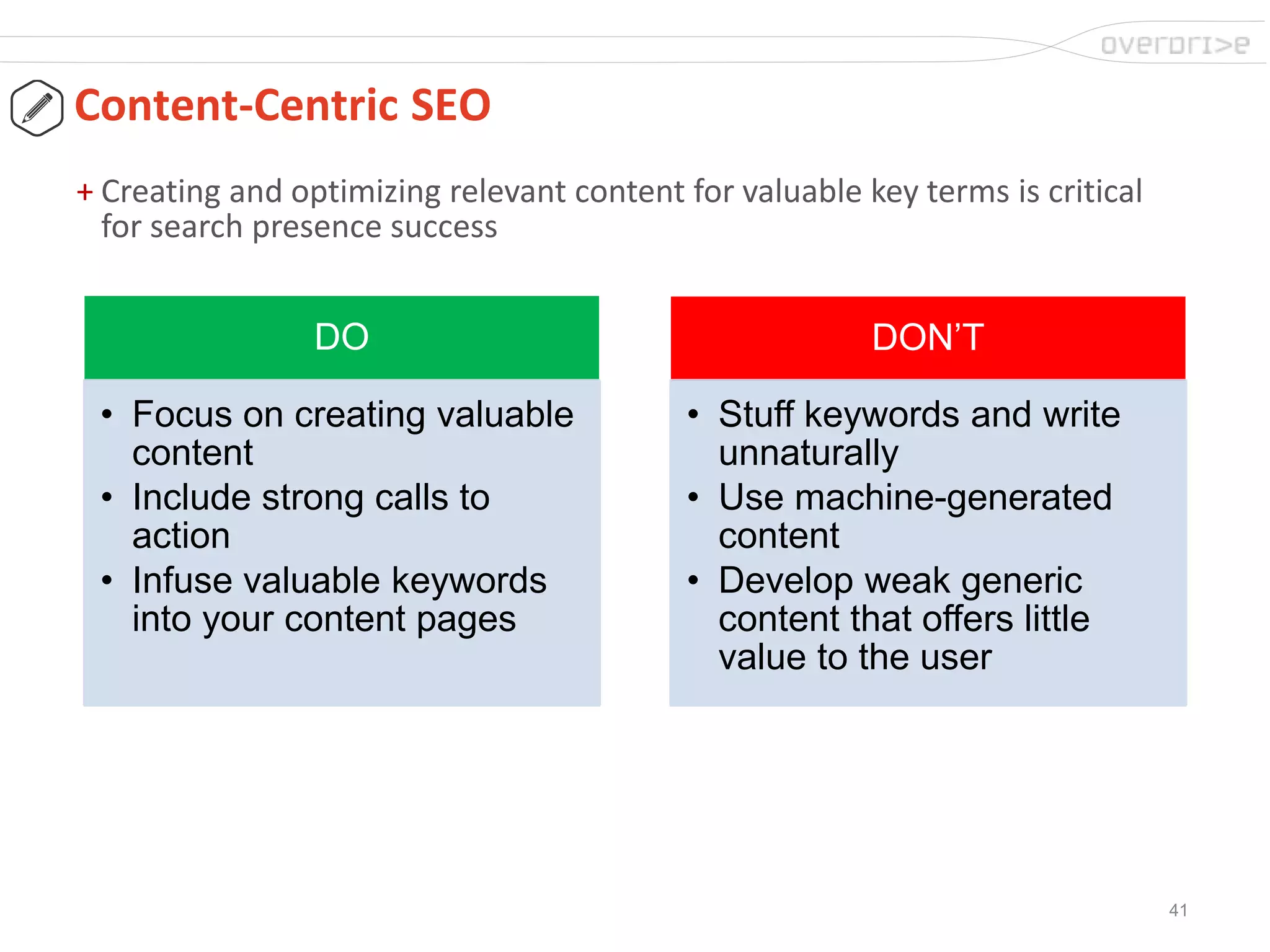 41
Content-Centric SEO
DO
• Focus on creating valuable
content
• Include strong calls to
action
• Infuse valuable keywords
into your content pages
DON’T
• Stuff keywords and write
unnaturally
• Use machine-generated
content
• Develop weak generic
content that offers little
value to the user
+ Creating and optimizing relevant content for valuable key terms is critical
for search presence success
 