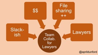 Team
Collab.
for
Lawyers
Slack-
ish
$$
File
sharing
++
Lawyers
@aprildunford
 