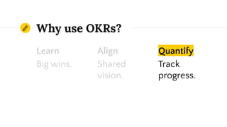 Learn
Big wins.
Align
Shared
vision.
Quantify
Track
progress.
Why use OKRs?