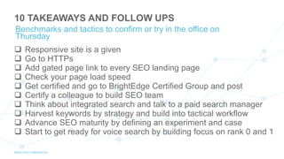  Responsive site is a given
 Go to HTTPs
 Add gated page link to every SEO landing page
 Check your page load speed
 Get certified and go to BrightEdge Certified Group and post
 Certify a colleague to build SEO team
 Think about integrated search and talk to a paid search manager
 Harvest keywords by strategy and build into tactical workflow
 Advance SEO maturity by defining an experiment and case
 Start to get ready for voice search by building focus on rank 0 and 1
Benchmarks and tactics to confirm or try in the office on
Thursday
10 TAKEAWAYS AND FOLLOW UPS
 