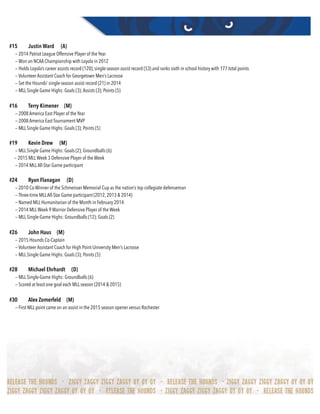 #15 Justin Ward (A)
— 2014 Patriot League Offensive Player of the Year
— Won an NCAA Championship with Loyola in 2012
— Holds Loyola’s career assists record (120), single-season assist record (53) and ranks sixth in school history with 177 total points
— Volunteer Assistant Coach for Georgetown Men’s Lacrosse
— Set the Hounds’ single-season assist record (21) in 2014
— MLL Single Game Highs: Goals (3); Assists (3); Points (5)
#16 Terry Kimener (M)
— 2008 America East Player of the Year
— 2008 America East Tournament MVP
— MLL Single Game Highs: Goals (3); Points (5)
#19 Kevin Drew (M)
— MLL Single Game Highs: Goals (2); Groundballs (6)
— 2015 MLLWeek 3 Defensive Player of the Week
— 2014 MLLAll-Star Game participant
#24 Ryan Flanagan (D)
— 2010 Co-Winner of the Schmeisser Memorial Cup as the nation’s top collegiate defenseman
— Three-time MLLAll-Star Game participant (2012, 2013 & 2014)
— Named MLL Humanitarian of the Month in February 2014
— 2014 MLLWeek 9 Warrior Defensive Player of the Week
— MLL Single-Game Highs: Groundballs (12); Goals (2)
#26 John Haus (M)
— 2015 Hounds Co-Captain
— Volunteer Assistant Coach for High Point University Men’s Lacrosse
— MLL Single Game Highs: Goals (3); Points (5)
#28 Michael Ehrhardt (D)
— MLL Single-Game Highs: Groundballs (6)
— Scored at least one goal each MLL season (2014 & 2015)
#30 Alex Zomerfeld (M)
— First MLL point came on an assist in the 2015 season opener versus Rochester
 