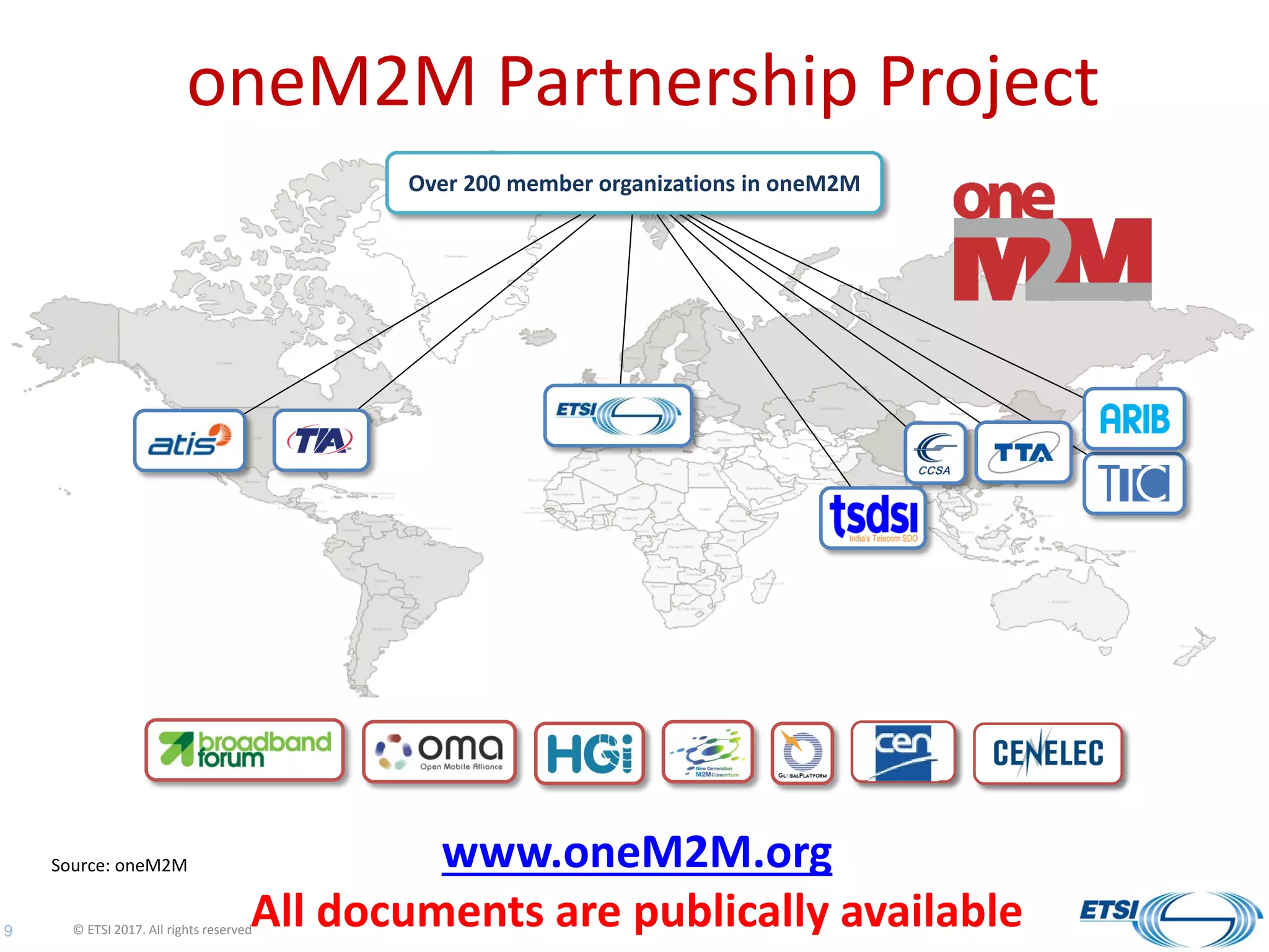 Over 200 member organizations in oneM2M
oneM2M Partnership Project
www.oneM2M.org
All documents are publically available 12
Source: oneM2M
© ETSI 2017. All rights reserved9
 
