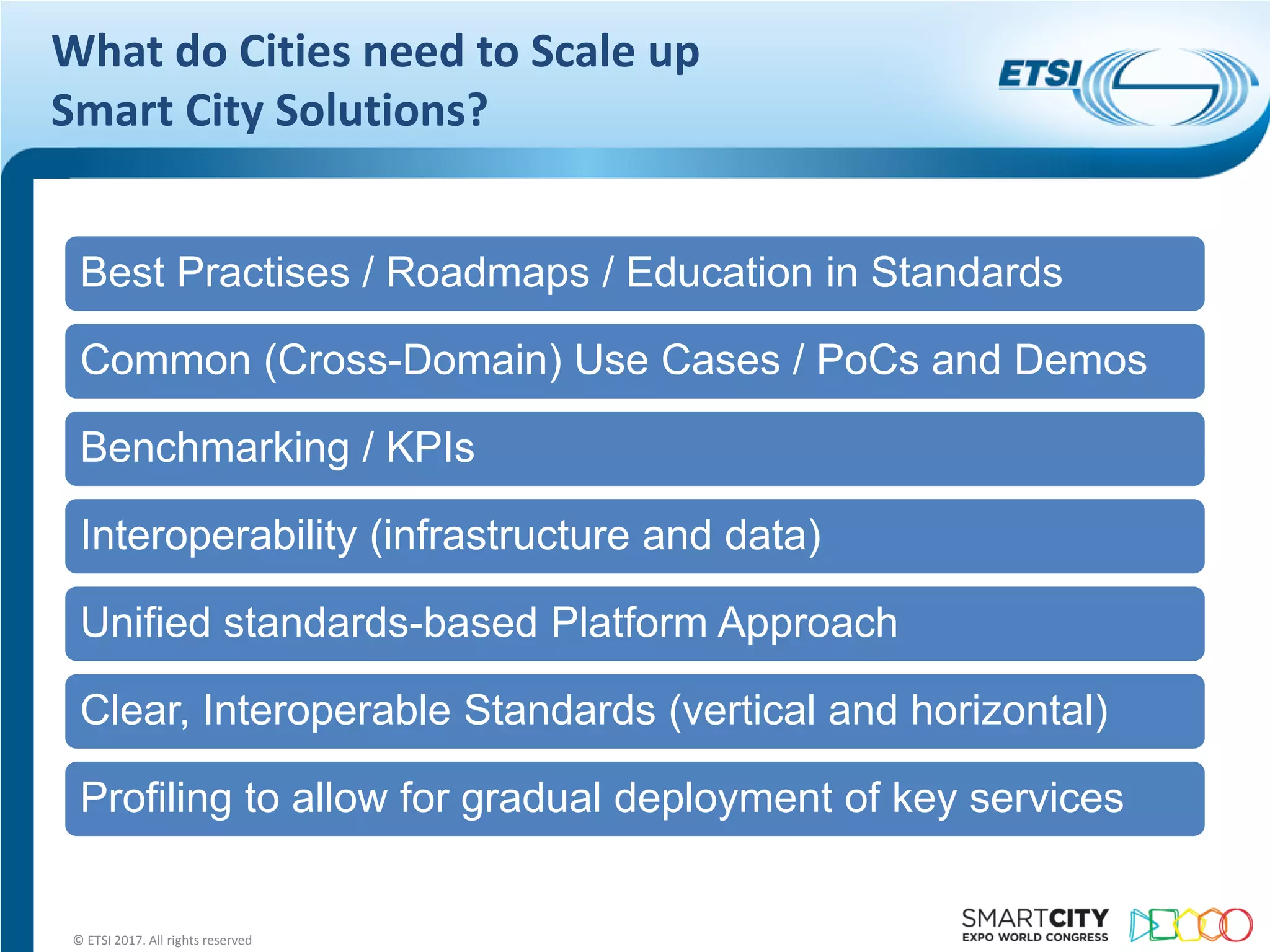 What do Cities need to Scale up
Smart City Solutions?
Best Practises / Roadmaps / Education in Standards
Common (Cross-Domain) Use Cases / PoCs and Demos
Benchmarking / KPIs
Interoperability (infrastructure and data)
Unified standards-based Platform Approach
Clear, Interoperable Standards (vertical and horizontal)
Profiling to allow for gradual deployment of key services
© ETSI 2017. All rights reserved
 