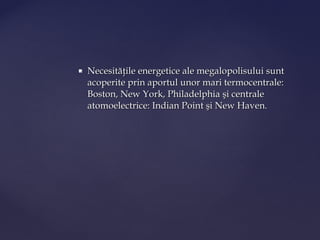    Necesităţile energetice ale megalopolisului sunt
    acoperite prin aportul unor mari termocentrale:
    Boston, New York, Philadelphia şi centrale
    atomoelectrice: Indian Point şi New Haven.
 