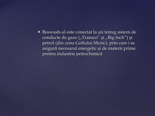    Boswash-ul este conectat la un întreg sistem de
    conducte de gaze (,,Transco” şi ,,Big Inch”) şi
    petrol (din zona Golfului Mexic), prin care i se
    asigură necesarul energetic şi de materii prime
    pentru industria petrochimică
 