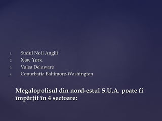 1.    Sudul Noii Anglii
2.    New York
3.    Valea Delaware
4.    Conurbatia Baltimore-Washington


     Megalopolisul din nord-estul S.U.A. poate fi
     împărţit în 4 sectoare:
 
