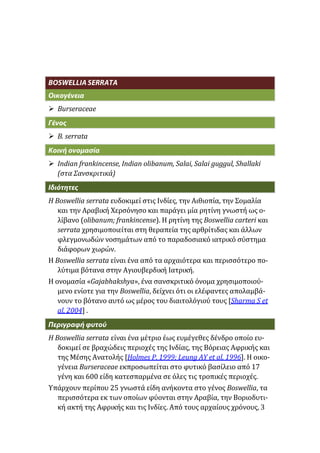  Burseraceae
 B. serrata
 Indian frankincense, Ιndian olibanum, Salai, Salai guggul, Shallaki
(στα Σανσκριτικά)
Η Boswellia serrata ευδοκιμεί στις Ινδίες, την Αιθιοπία, την Σομαλία
και την Αραβική Χερσόνησο και παράγει μία ρητίνη γνωστή ως ολίβανο (olibanum; frankincense). Η ρητίνη της Boswellia carteri και
serrata χρησιμοποιείται στη θεραπεία της αρθρίτιδας και άλλων
φλεγμονωδών νοσημάτων από το παραδοσιακό ιατρικό σύστημα
διάφορων χωρών.
Η Boswellia serrata είναι ένα από τα αρχαιότερα και περισσότερο πολύτιμα βότανα στην Αγιουβερδική Ιατρική.
Η ονομασία «Gajabhakshya», ένα σανσκριτικό όνομα χρησιμοποιούμενο ενίοτε για την Boswellia, δείχνει ότι οι ελέφαντες απολαμβάνουν το βότανο αυτό ως μέρος του διαιτολόγιού τους [Sharma S et
al, 2004] .
Η Boswellia serrata είναι ένα μέτριο έως ευμέγεθες δένδρο οποίο ευδοκιμεί σε βραχώδεις περιοχές της Ινδίας, της Βόρειας Αφρικής και
της Μέσης Ανατολής [Holmes P, 1999; Leung AY et al, 1996]. Η οικογένεια Burseraceae εκπροσωπείται στο φυτικό βασίλειο από 17
γένη και 600 είδη κατεσπαρμένα σε όλες τις τροπικές περιοχές.
Υπάρχουν περίπου 25 γνωστά είδη ανήκοντα στο γένος Boswellia, τα
περισσότερα εκ των οποίων φύονται στην Αραβία, την Βοριοδυτική ακτή της Αφρικής και τις Ινδίες. Από τους αρχαίους χρόνους, 3

 