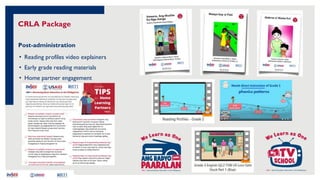 CRLA Package
Post-administration
• Reading profiles video explainers
• Early grade reading materials
• Home partner engagement
 
