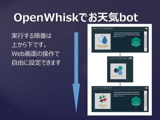 OpenWhiskでお天気bot
実行する順番は
上から下です。
Web画面の操作で
自由に設定できます
 