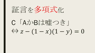 証言を多項式化
C「AかBは嘘つき」
⇔ 𝑧 − (1 − 𝑥)(1 − 𝑦) = 0
 
