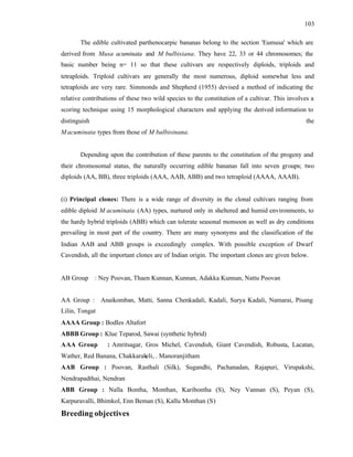 103
The edible cultivated parthenocarpic bananas belong to the section 'Eumusa' which are
derived from Musa acuminata and M bulbisiana. They have 22, 33 or 44 chromosomes; the
basic number being n= 11 so that these cultivars are respectively diploids, triploids and
tetraploids. Triploid cultivars are generally the most numerous, diploid somewhat less and
tetraploids are very rare. Simmonds and Shepherd (1955) devised a method of indicating the
relative contributions of these two wild species to the constitution of a cultivar. This involves a
scoring technique using 15 morphological characters and applying the derived information to
distinguish the
Macuminata types from those of M balbisinana.
Depending upon the contribution of these parents to the constitution of the progeny and
their chromosomal status, the naturally occurring edible bananas fall into seven groups; two
diploids (AA, BB), three triploids (AAA, AAB, ABB) and two tetraploid (AAAA, AAAB).
(i) Principal clones: There is a wide range of diversity in the clonal cultivars ranging from
edible diploid M acuminata (AA) types, nurtured only in sheltered and humid environments, to
the hardy hybrid triploids (ABB) which can tolerate seasonal monsoon as well as dry conditions
prevailing in most part of the country. There are many synonyms and the classification of the
Indian AAB and ABB groups is exceedingly complex. With possible exception of Dwarf
Cavendish, all the important clones are of Indian origin. The important clones are given below.
AB Group : Ney Poovan, Thaen Kunnan, Kunnan, Adakka Kunnan, Nattu Poovan
AA Group : Anaikomban, Matti, Sanna Chenkadali, Kadali, Surya Kadali, Namarai, Pisang
Lilin, Tongat
AAAA Group : BodIes Altafort
ABBB Group : Klue Teparod, Sawai (synthetic hybrid)
AAA Group : Amritsagar, Gros Michel, Cavendish, Giant Cavendish, Robusta, Lacatan,
Wather, Red Banana, Chakkarakeli, . Manoranjitham
AAB Group : Poovan, Rasthali (Silk), Sugandhi, Pachanadan, Rajapuri, Virupakshi,
Nendrapadthai, Nendran
ABB Group : Nalla Bontha, Monthan, Karibontha (S), Ney Vannan (S), Peyan (S),
Karpuravalli, Bhimkol, Enn Beman (S), Kallu Monthan (S)
Breeding objectives
 