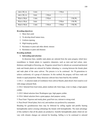 108
mm x M1 m 1 mm - 1 M1m -
mm x M2 m 1mm 1 M2m - -
M2m x M2m 1 mm 2 M2m - 1 M2 M2
M1m x M1m 1mm - 2 M1m 1 M1 M1
M2m x M1m 1 mm 1 M1m 1 M1m 1 M2 M1
Breeding objectives:
1. More fruit yield
2. To develop dwarf stature trees.
3. Uniform ripening
4. High keeping quality
5. Resistance to prost and other abiotic stresses
6. Resistance to pests and diseases
Breeding methods
1. Inbreeding and selection
In dioecious lines, suitable male plants are selected from the same progeny which have
resemblance to female plants in vegetative characters, such as stem and leaf colour, stem
thickness and height at flowering, etc. Progenies raised from S1 inbreds are screened and desired
male and female plants are selected for further sibmating i.e. crossing between the female plant
and male plant of the same cultivar. The process is to be continued for 7
-8 generations to
achieve uniformity of a group of characters. In this method, the progeny will have male and
female in equal proportion. Many dioecious cultivars have been bred by this method.
1. CO. 1 : A selection made at Coimbatore from cultivar Ranchi, plant dwarf, fruit round to oval
with orange-coloured flesh.
2. CO.2: Selected from local strain, plants medium tall, fruits large, ovate in shape, a high papain
yielder.
3. CO.5: Inbred selection from Washington type, high papain yielder.
4. CO.6: Inbred selection from a giant papaya, dual purpose variety.
5. Pusa Giant: Vigorous and sturdy plant, good fruit size, tolerant to strong wind.
6. Pusa Dwarf: Dwarf plant, fruit oval, and medium size preferred by consumers.
Breeding for gynodioecious lines may be followed by selfing regular and prolific bearing
hermaphrodite and/or crossing (sibmating) the female with hermaphrodite. The main advantage
of this method is that all the plants are productive. Suitable hermaphrodite plants which do not
vary with climatic changes are selected for breeding. Selfing is to be continued in selected
 