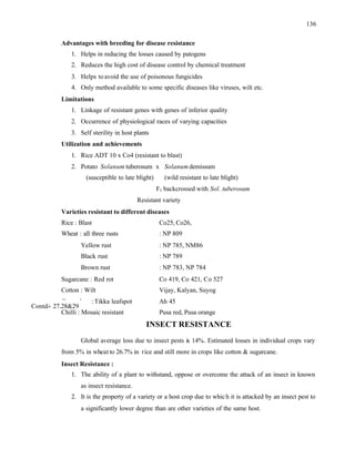 136
Advantages with breeding for disease resistance
1. Helps in reducing the losses caused by patogens
2. Reduces the high cost of disease control by chemical treatment
3. Helps toavoid the use of poisonous fungicides
4. Only method available to some specific diseases like viruses, wilt etc.
Limitations
1. Linkage of resistant genes with genes of inferior quality
2. Occurrence of physiological races of varying capacities
3. Self sterility in host plants
Utilization and achievements
1. Rice ADT 10 x Co4 (resistant to blast)
2. Potato Solanum tuberosum x Solanum demissum
(susceptible to late blight) (wild resistant to late blight)
F1 backcrossed with Sol. tuberosum
Resistant variety
Varieties resistant to different diseases
Rice : Blast Co25, Co26,
Wheat : all three rusts : NP 809
Yellow rust : NP 785, NM86
Black rust : NP 789
Brown rust : NP 783, NP 784
Sugarcane : Red rot Co 419, Co 421, Co 527
Cotton : Wilt Vijay, Kalyan, Suyog
Groundnut :Tikka leafspot Ah 45
Chilli : Mosaic resistant Pusa red, Pusa orange
INSECT RESISTANCE
Global average loss due to insect pests is 14%. Estimated losses in individual crops vary
from 5% in wheat to 26.7% in rice and still more in crops like cotton & sugarcane.
Insect Resistance :
1. The ability of a plant to withstand, oppose or overcome the attack of an insect in known
as insect resistance.
2. It is the property of a variety or a host crop due to which it is attacked by an insect pest to
a significantly lower degree than are other varieties of the same host.
Contd/- 27,28&29
 