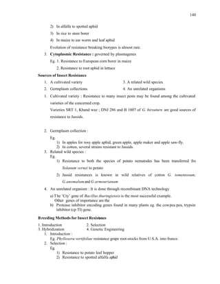 140
2) In alfalfa to spotted aphid
3) In rice to stem borer
4) In maize to ear worm and leaf aphid
Evolution of resistance breaking biotypes is almost rare.
3. Cytoplasmic Resistance : governed by plasmagenes
Eg. 1. Resistance to European corn borer in maize
2. Resistance to root aphid in lettuce
Sources of Insect Resistance
1. A cultivated variety 3. A related wild species
2. Germplasm collections. 4. An unrelated organisms
1. Cultivated variety : Resistance to many insect pests may be found among the cultivated
varieties of the concerned crop.
Varieties SRT 1, Khand waz ; DNJ 286 and B 1007 of G. hirsuturn are good sources of
resistance to Jassids.
2. Germplasm collection :
Eg.
1) In apples for rosy apple aphid, green apple, apple maker and apple saw-fly.
2) In cotton, several strains resistant to Jassids.
3. Related wild species :
Eg.
1) Resistance to both the species of potato nematodes has been transferred fro
Solanum vernei to potato
2) Jassid resistances is known in wild relatives of cotton G. tomentosum;
G.anomalumand G.armourianum
4. An unrelated organism : It is done through recombinant DNA technology
a) The ‘Cry’ gene of Bacillus thuringiensis is the most successful example.
Other genes of importance are the
b) Protease inhibitor encoding genes found in many plants eg. the cowpea pea, trypsin
inhibitor (cp TI) gene.
Breeding Methods for Insect Resistance
1. Introduction 2. Selection
3. Hybridization 4. Genetic Engineering
1. Introduction :
Eg. Phylloxera vertifoliae resistance grape root-stocks from U.S.A. into france.
2. Selection :
Eg.
1) Resistance to potato leaf hopper
2) Resistance to spotted alfalfa aphid
 
