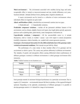 156
Macro -environment : The environment associated with variables having large and easily
recognizable effect is termed as macro-environment and may include differences over years,
locations (latitude / altitude) fertilizer levers, planting dates, irrigation schedules etc.
A macro environment can be riewed as a collection of micro environments whose
individuals effects on organism are quite small.
Allard and Bradshaw (1964) : classified the environmental variation into two types:
1. Predictable and 2. Unpredictable variations.
Predictable component variations : include all the permanent attributes features of the
environment, such as climate, edapthic factors (soil types), day length (photo period), agronomic
practices such as planting dates, plant density, water management, fertilization etc.
Unpredictable variations / component : All the uncontrollable actors i.e. it include
fluctuations, mild or violent, in weather / season / year with respect to annual precipitation
(rainfall), temperature, relative humidity, etc. coupled with variant agronomic practices.
Genotypes x Environment Interaction It is the differential behaviour of the genotype under
varietal environmental conditions. This concept was put forth by Allard.
The performance of a crop variety in there resultant effect of its genotype and the
environment in which it grows. The variety may perform differently in different environments.
The interplay of genetic and non-genetic effects causing differential relative performances of
different genotypes (varieties) in different environments is called genotype environment (GE)
interaction.
Table: Yield of varieties in two locations (e.x)
Variety Location
Yield quintal per acre
Maruteru
Yield quintal per acre
Nizamabad
Surekha 18.00 23.00
Pothanna 16.00 27.00
Mean 17.00 25.00
Each genotype attends its maximum biological performance in a particular environment. Due to
negative G E interaction – environmental element fall short to produce, of the required biological
optimum. Depending on the optimally considerations of different genotypes it is possible to
develop genotype suited to ‘or’ tailored for a range of environments
 