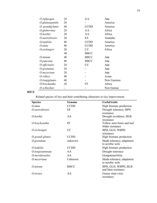 19
O.rufipogan 24 AA Asia
O.glumaepatula 24 - America
O. grandig lumis 48 CCDD America
O.glaberrima 24 AA Africa
O.barthii 24 AA Africa
O.australiensis 24 EE Australia
O.latifolia 48 CCDD America
O.alata 48 CCDD America
O.eichingeri 24 CC Africa
48 BBCC
O.minuta 48 BBCC Asia
O.punctata 48 BBCC Asia
O.officinalis 24 CC Asia
O.granulata 24 - Asia
O.meyeriane 24 - Asia
O.ridleyi 48 - Asian
O.longiglumis 48 - New Guninea
O.brachantha 24 FF Africa
O.schlechter - - New Guinea
RICE
Related species of rice and their contributing characters in rice improvement.
Species Genome Useful traits
O.alata CCDD High biomass production
O.australiensis EE Drought tolerance, BPH
resistance
O.barthii AA Drought avoidance, BLB
resistance
O.brachyantha FF Yellow stem borer and leaf
folder resistance
O.eichengeri CC BPH, GLH, WBPH
resistance
O.grandi glumis CCDD High biomass production
O.granulata unknown Shade tolerance, adaptation
to acrobic soils
O.latifolia CCDD High biomass production
O.longistaminata AA Drought tolerance
O.meridionalies AA Elongationa bility
O.meyeriana Unknown Shade tolerance, adaptation
to aerobic soils
O.minuta BBCC BPH, GLH, WBPH, BLB
and blast resistance
O.nivara AA Grassy stunt virus
resistance
 