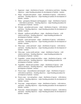 2
7. Sugarcane – origin – distribution of species – wild relatives and forms – breeding
objectives – major breeding procedures for development of hybrids / varieties
8. Pulses – red gram and soybean – origin – distribution of species – wild relatives
and forms – breeding objectives – major breeding pr ocedures for development of
hybrids / varieties
9. Pulses – greengram, blackgram and bengalgram – origin – distribution of species
– wild relatives and forms – breeding objectives – major breeding procedures for
development of hybrids / varieties
10. Oilseeds – groundnut and sesame – origin – distribution of species – wild relatives
and forms – breeding objectives – major breeding procedures for development of
hybrids / varieties
11. Oilseeds – sunflower and safflower – origin – distribution of species – wild
relatives and forms – breeding objectives – major breeding procedures for
development of hybrids / varieties
12. Oilseeds – castor and mustard – origin – distribution of species – wild relatives
and forms – breeding objectives – major breeding procedures for development of
hybrids / varieties
13. Fibre crops – cotton and kenaf – origin – distribution of species – wild relatives
and forms – breeding objectives – major breeding procedures for development of
hybrids / varieties
14. Fibre crops – mesta, roselle and jute – origin – distribution of species – wild
relatives and forms – breeding objectives – major breeding procedures for
development of hybrids / varieties
15. Vegetables – tomato, brinjal and chillies – origin – distribution of species – wild
relatives and forms – breeding objectives – major breeding procedures for
development of hybrids / varieties
16. Vegetables – bhendi and cucumber – origin – distribution of species – wild
relatives and forms – breeding objectives – major breeding procedures for
development of hybrids / varieties
17. Flower crops – chrysanthemum and marigold – origin – distribution of species –
wild relatives and forms – breeding objectives – major breeding procedures for
development of hybrids / varieties
18. Flower crops – rose and gerbera – origin – distribution of species – wild relatives
and forms – breeding objectives – major breeding procedures for development of
hybrids / varieties
19. Fruit crops – mango and guava – origin – distribution of species – wild relatives
and forms – breeding objectives – major breeding procedures for development of
hybrids / varieties
20. Fruit crops – banana and papaya – origin – distribution of species – wild relatives
and forms – breeding objectives – major breeding procedures for development of
hybrids / varieties
 