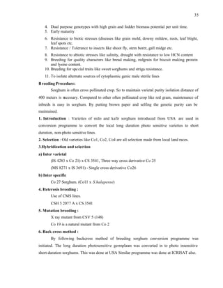 35
4. Dual purpose genotypes with high grain and fodder biomass potential per unit time.
5. Early maturity
6. Resistance to biotic stresses (diseases like grain mold, downy mildew, rusts, leaf blight,
leaf spots etc.
7. Resistance / Tolerance to insects like shoot fly, stem borer, gall midge etc.
8. Resistance to abiotic stresses like salinity, drought with resistance to low HCN content
9. Breeding for quality characters like bread making, redgrain for biscuit making protein
and lysine content.
10. Breeding for special traits like sweet sorghums and striga resistance.
11. To isolate alternate sources of cytoplasmic genic male sterile lines
Breeding Procedure:
Sorghum is often cross pollinated crop. So to maintain varietal purity isolation distance of
400 meters is n
ecessary. Compared to other often pollinated crop like red gram, maintenance of
inbreds is easy in sorghum. By putting brown paper and selfing the genetic purity can be
maintained.
1. Introduction : Varieties of milo and kafir sorghum introduced from USA are used in
conversion programme to convert the local long duration photo sensitive varieties to short
duration, non-photo sensitive lines.
2. Selection : Old varieties like Co1, Co2, Co4 are all selection made from local land races.
3.Hybridization and selection
a) Inter varietal
(IS 4283 x Co 21) x CS 3541, Three way cross derivative Co 25
(MS 8271 x IS 3691) - Single cross derivative Co26
b) Inter specific
Co 27 Sorghum. (Co11 x S.halapense)
4. Heterosis breeding :
Use of CMS lines.
CSH 5 2077 A x CS 3541
5. Mutation breeding :
X ray mutant from CSV 5 (148)
Co 19 is a natural mutant from Co 2
6. Back cross method :
By following backcross method of breeding sorghum conversion programme was
initiated. The long duration photosensitive germplasm was converted in to photo insensitive
short duration sorghums. This was done at USA Similar programme was done at ICRISAT also.
 