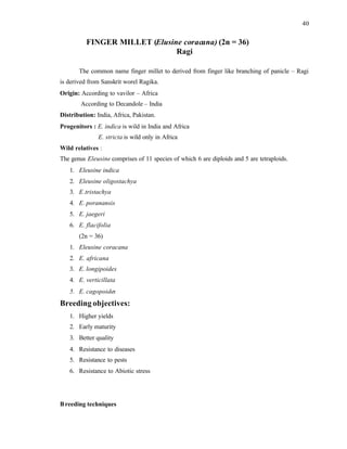 40
FINGER MILLET (Elusine coracana) (2n = 36)
Ragi
The common name finger millet to derived from finger like branching of panicle – Ragi
is derived from Sanskrit worel Ragika.
Origin: According to vavilor – Africa
According to Decandole – India
Distribution: India, Africa, Pakistan.
Progenitors : E. indica is wild in India and Africa
E. stricta is wild only in Africa
Wild relatives :
The genus Eleusine comprises of 11 species of which 6 are diploids and 5 are tetraploids.
1. Eleusine indica
2. Eleusine oligostachya
3. E.tristachya
4. E. poranansis
5. E. jaegeri
6. E. flacifolia
(2n = 36)
1. Eleusine coracana
2. E. africana
3. E. longipoides
4. E. verticillata
5. E. cagopoides
Breeding objectives:
1. Higher yields
2. Early maturity
3. Better quality
4. Resistance to diseases
5. Resistance to pests
6. Resistance to Abiotic stress
Breeding techniques
 