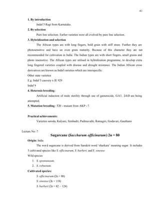 41
1. By introduction
Indaf 5 Ragi from Karnataka.
2. By selection
Pure line selection. Earlier varieties were all evolved by pure line selection.
3. Hybridization and selection
The African types are with long fingers, bold grain with stiff straw. Further they are
photosensitive and have un even grain maturity. Because of this character they are not
recommended for cultivation in India. The Indian types are with short fingers, small grains and
photo insensitive. The African types are utilised in hybridization programme, to develop extra
long fingered varieties coupled with disease and drought resistance. The Indian African cross
derivatives are known as Indaf varieties which are interspecific.
Other state varieties
E.g. Indaf 5 cauvery x IE 929
Indaf 9
4. Heterosis breeding :
Artificial induction of male sterility through use of gametocide, GA3, 2
-4-D are being
attempted.
5. Mutation breeding : T20 - mutant from AKP - 7.
Practical achievements:
Varieties saroda, Kalyani, Simhadri, Padmavathi, Ratnagiri, Godavari, Gauthami
Lecture No: 7
Sugarcane (Saccharum officinarum) 2n = 80
Origin: India
The word sugarcane is derived from Sanskrit word ‘sharkara’ meaning sugar. It includes
3 cultivated species like S. officinarum, S. barberi, and S. sinense.
Wild species
1. S. spontaneum,
2. S. robustum.
Cultivated species:
S. officinarum (2n = 80)
S. sinense (2n = 118)
S. barberi (2n = 82 – 124)
 