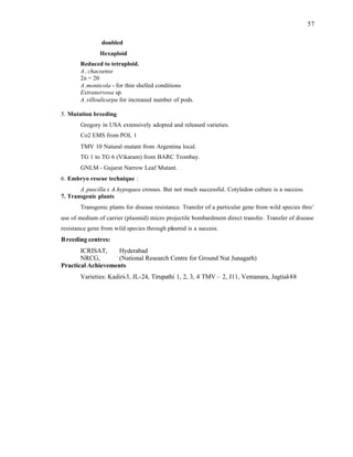 57
doubled
Hexaploid
Reduced to tetraploid.
A. chacoense
2n = 20
A.monticola - for thin shelled conditions
Extranervosa sp.
A.villoulicarpa for increased number of pods.
5. Mutation breeding
Gregory in USA extensively adopted and released varieties.
Co2 EMS from POL 1
TMV 10 Natural mutant from Argentina local.
TG 1 to TG 6 (Vikaram) from BARC Trombay.
GNLM - Gujarat Narrow Leaf Mutant.
6. Embryo rescue technique :
A.puscilla x A.hypogaea crosses. But not much successful. Cotyledon culture is a success.
7. Transgenic plants
Transgenic plants for disease resistance. Transfer of a particular gene from wild species thro’
use of medium of carrier (plasmid) micro projectile bombardment direct transfer. Transfer of disease
resistance gene from wild species through plasmid is a success.
Breeding centres:
ICRISAT, Hyderabad
NRCG, (National Research Centre for Ground Nut Junagarh)
Practical Achievements
Varieties: Kadiri-3, JL-24, Tirupathi 1, 2, 3, 4 TMV – 2, J11, Vemanara, Jagtial-88
 