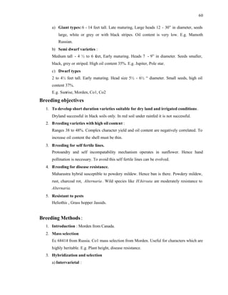 60
a) Giant types: 6 - 14 feet tall. Late maturing, Large heads 12 - 30” in diameter, seeds
large, white or grey or with black stripes. Oil content is very low. E.g. Mamoth
Russian.
b) Semi dwarf varieties :
Medium tall - 4 ½ to 6 feet, Early maturing. Heads 7 - 9” in diameter. Seeds smaller,
black, grey or striped. High oil content 35%. E.g. Jupiter, Pole star.
c) Dwarf types
2 to 4½ feet tall. Early maturing. Head size 5½ - 6½ “ diameter. Small seeds, high oil
content 37%.
E.g. Sunrise, Morden, Co1, Co2
Breeding objectives
1. To develop short duration varieties suitable for dry land and irrigated conditions.
Dryland successful in black soils only. In red soil under rainfed it is not successful.
2. Breeding varieties with high oil content :
Ranges 38 to 48%. Complex character yield and oil content are negatively correlated. To
increase oil content the shell must be thin.
3. Breeding for self fertile lines.
Protoandry and self incompatability mechanism operates in sunflower. Hence hand
pollination is necessary. To avoid this self fertile lines can be evolved.
4. Breeding for disease resistance.
Maharastra hybrid susceptible to powdery mildew. Hence ban is there. Powdery mildew,
rust, charcoal rot, Alternaria. Wild species like H.hirsuta are moderately resistance to
Alternaria.
5. Resistant to pests
Heliothis , Grass hopper Jassids.
Breeding Methods :
1. Introduction : Morden from Canada.
2. Mass selection:
Ec 68414 from Russia. Co1 mass selection from Morden. Useful for characters which are
highly heritable. E.g. Plant height, disease resistance.
3. Hybridization and selection
a) Intervarietal :
 