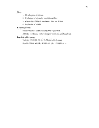 62
Steps
1. Development of inbreds.
2. Evaluation of inbreds for combining ability.
3. Conversion of inbreds into CGMS lines and R lines.
4. Production of hybrids.
Breeding centre:
Directorate of oil seed Research (DOR) Hyderabad.
All India coordinated sunflower improvement project (Bangalore)
Practical achievements
Varieties EC 68414, EC 68415, Mordern, Co-1, surya
Hybrids BSH-1, KBSH-1, LSH-1, APSH-1 LDMRSH-1, 3
 