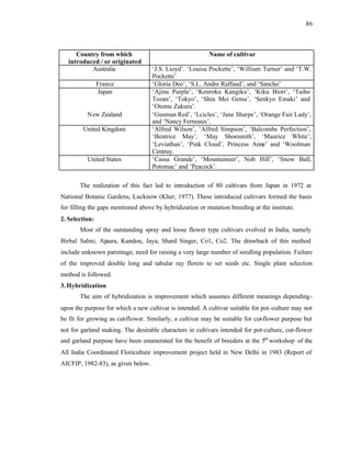 86
Country from which
introduced / or originated
Name of cultivar
Australia ‘J.S. Lioyd’. ‘Louisa Pockette’, ‘Willium Turner’ and ‘T.W.
Pockette’
France ‘Gloria Deo’, ‘S.L. Andre Raffaud’, and ‘Sancho’
Japan ‘Ajina Purple’, ‘Kenroku Kangiku’, ‘Kiku Biori’, ‘Taiho
Tozan’, ‘Tokyo’, ‘Shin Mei Getsu’, ‘Senkyo Emaki’ and
‘Otome Zakura’.
New Zealand ‘Gusman Red’, ‘Lcicles’, ‘Jane Sharpe’, ‘Orange Fair Lady’,
and ‘Nancy Ferneaux’.
United Kingdom ‘Alfred Wilson’, ‘Alfred Simpson’, ‘Balcombe Perfection’,
‘Beatrice May’, ‘May Shoesmith’, ‘Maurice White’,
‘Leviathan’, ‘Pink Cloud’, Princess Anne’ and ‘Woolman
Centruy.
United States ‘Cassa Grande’, ‘Mountaineer’, Nob Hill’, ‘Snow Ball,
Potomac’ and ‘Peacock’.
The realization of this fact led to introduction of 80 cultivars from Japan in 1972 at
National Botanic Gardens, Lucknow (Kher, 1977). These introduced cultivars formed the basis
for filling the gaps mentioned above by hybridization or mutation breeding at the institute.
2. Selection:
Most of the outstanding spray and loose flower type cultivars evolved in India, namely
Birbal Sahni, Apsara, Kundou, Jaya, Shard Singer, Co1, Co2. The drawback of this method
include unknown parentage, need for raising a very large number of seedling population. Failure
of the improved double long and tabular ray florets to set seeds etc. Single plant selection
method is followed.
3.Hybridization
The aim of hybridization is improvement which assumes different meanings depending-
upon the purpose for which a new cultivar is intended. A cultivar suitable for pot-culture may not
be fit for growing as cut-flower. Similarly, a cultivar may be suitable for cut-flower purpose but
not for garland making. The desirable characters in cultivars intended for pot-culture, cut-flower
and garland purpose have been enumerated for the benefit of breeders at the 5th
workshop of the
All India Coordinated Floriculture improvement project held in New Delhi in 1983 (Report of
AICFIP, 1982-83), as given below.
 