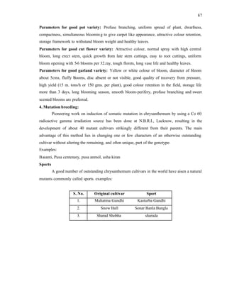 87
Parameters for good pot variety: Profuse branching, uniform spread of plant, dwarfness,
compactness, simultaneous blooming to give carpet like appearance, attractive colour retention,
storage framework to withstand bloom weight and healthy leaves.
Parameters for good cut flower variety: Attractive colour, normal spray with high central
bloom, long erect stem, quick growth from late stem cuttings, easy to root cuttings, uniform
bloom opening with 5-6 blooms per 32.ray, tough florets, long vase life and healthy leaves.
Parameters for good garland variety: Yellow or white colour of bloom, diameter of bloom
about 5cms, fluffy blooms, disc absent or not visible, good quality of recovery from pressure,
high yield (15 m. tons/h or 150 gms. per plant), good colour retention in the field, storage life
more than 3 days, long blooming season, smooth bloom-perifery, profuse branching and sweet
scented blooms are preferred.
4. Mutation breeding:
Pioneering work on induction of somatic mutation in chrysanthemum by using a Co 60
radioactive gamma irradiation source has been done at N.B.R.I., Lucknow, resulting in the
development of about 40 mutant cultivars strikingly different from their parents. The main
advantage of this method lies in changing one or few characters of an otherwise outstanding
cultivar without altering the remaining, and often unique, part of the genotype.
Examples:
Basanti, Pusa centenary, pusa anmol, usha kiran
Sports
A good number of outstanding chrysanthemum cultivars in the world have aisen a natural
mutants commonly called sports. examples:
S. No. Original cultivar Sport
1. Mahatma Gandhi Kasturba Gandhi
2. Snow Ball Sonar Banla Bangla
3. Sharad Shobha sharada
 