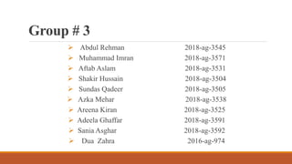 Group # 3
 Abdul Rehman 2018-ag-3545
 Muhammad Imran 2018-ag-3571
 Aftab Aslam 2018-ag-3531
 Shakir Hussain 2018-ag-3504
 Sundas Qadeer 2018-ag-3505
 Azka Mehar 2018-ag-3538
 Areena Kiran 2018-ag-3525
 Adeela Ghaffar 2018-ag-3591
 Sania Asghar 2018-ag-3592
 Dua Zahra 2016-ag-974
 